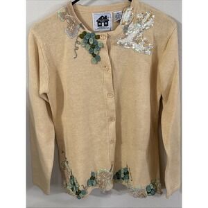 Storybook Knits Women's Sz XS Yellow Flower Cardigan Sweater VTG 90s 3D‎ Knit